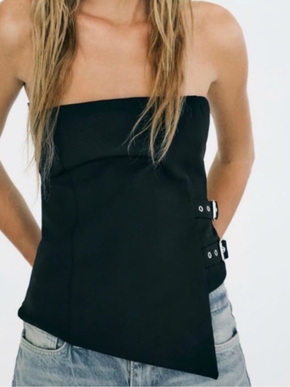 Zara Black Strapless Asymmetric Buckle Camisole